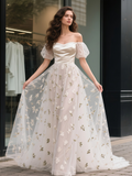 Puffy Sleeves A Line Off The Shoulder Wedding Dress