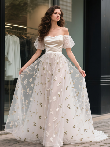 Puffy Sleeves A Line Off The Shoulder Wedding Dress