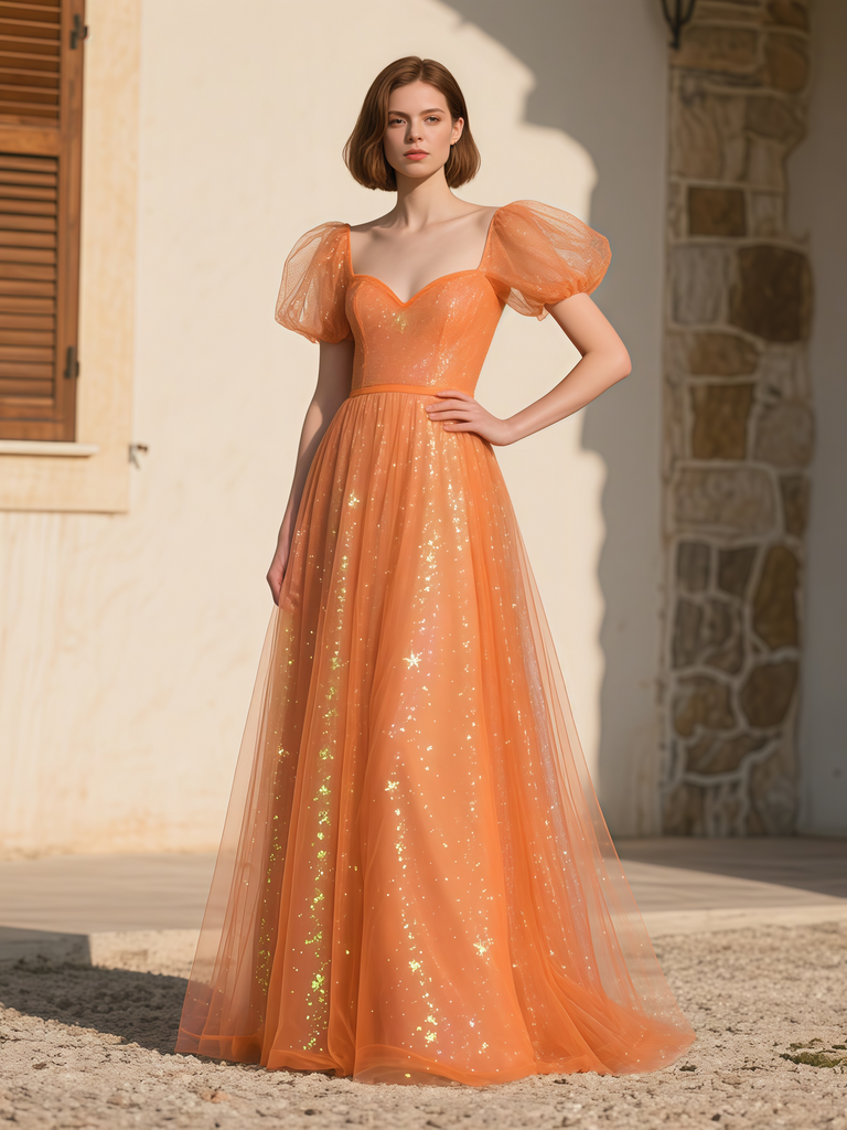puffy orange prom dress Spaghetti Straps Orange Satin Prom Formal Dress, A-Line Floor Length Evening Dress US 4 / Orange