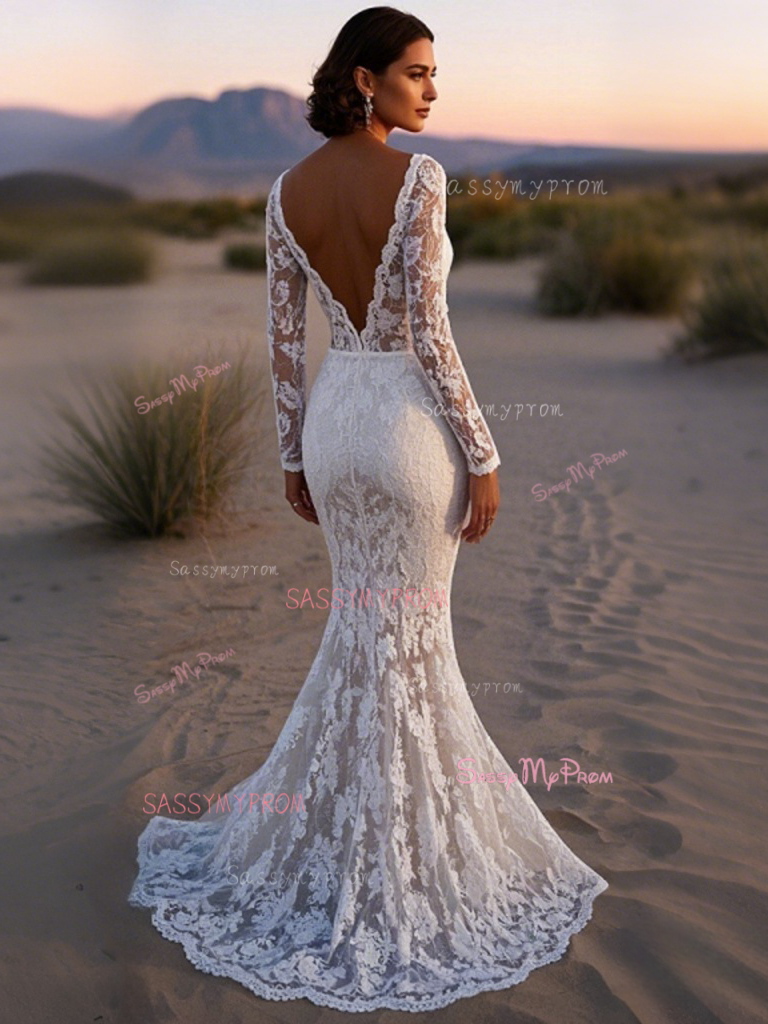 Trumpet Mermaid Backless Long Sleeve Deep V Neck Wedding Dress US2 / Ivory Trumpet Mermaid Backless Long Sleeve Deep V Neck Wedding Dress US2 / Ivory