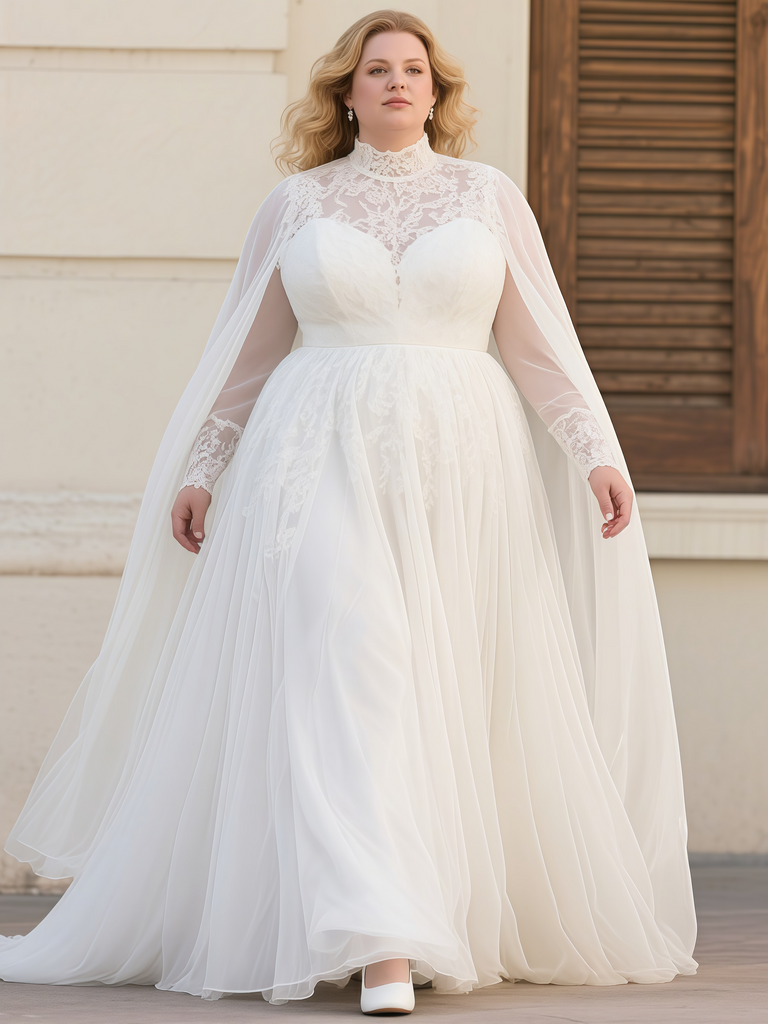 Plus Size Lace Long Sleeve High Neck Wedding Dress With Cape US8 / As the picture