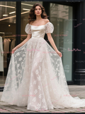 Satin Lace A Line Square Puffy Sleeve SWedding Dress