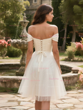 A Line Off The Shoulder Knee Length Satin & Tulle Wedding Dress