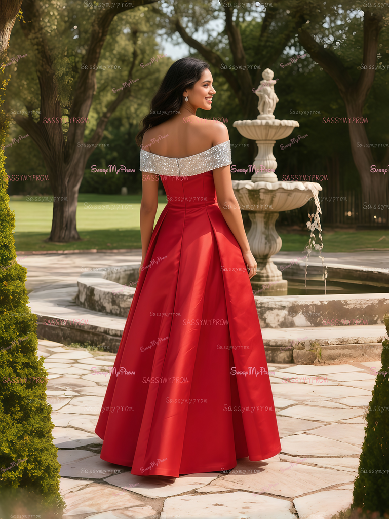 Off The Shoulder Sequin A Line Satin Red Prom Dress US2 / Red Off The Shoulder Sequin A Line Satin Red Prom Dress US2 / Red