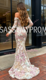 Sequin Floral Long Sleeve Off The Shoulder Mermaid Prom Dress