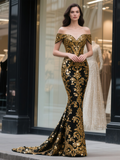 Trumpet Mermaid Sequin Black Gold Off The Shoulder Prom Dress