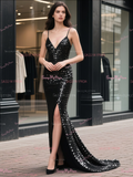 Sequin Trumpet Mermaid Black V Neck Prom Dress With Slit