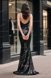 Sequin Trumpet Mermaid Black V Neck Prom Dress With Slit