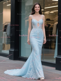 Spaghetti Straps Sequin Baby Blue Keyhole Mermaid Prom Dress