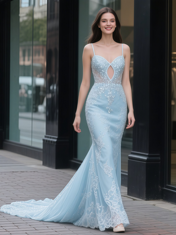 Spaghetti Straps Sequin Baby Blue Keyhole Mermaid Prom Dress