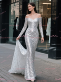 Off The Shoulder Long Sleeve Silver Trumpet Mermaid Prom Dress