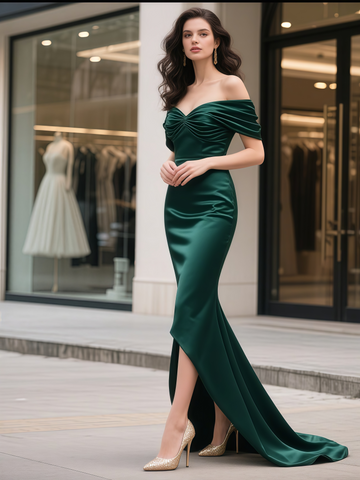 Green Off The Shoulder Trumpet Mermaid Prom Dress