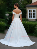 A Line Satin Appliques Off The Shoulder Wedding Dress