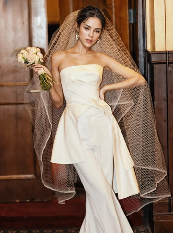 Satin Strapless A Line Simple Two Piece Wedding Dress