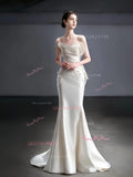Satin Trumpet Mermaid Bow Strapless Appliques Wedding Dress