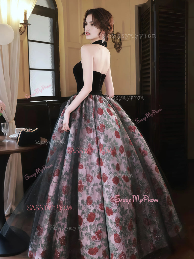 Tulle Ball Gown Ruffles Rose Print Prom Dress US12