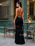 Sheath Column Black V Neck Sheer Beading Prom Dress With Slit