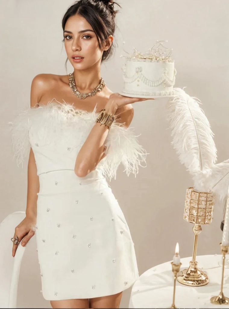 Off The Shoulder Beading White Feather Short Mini Prom Dress Sassymyprom Off The Shoulder Beading White Feather Short Mini Prom Dress Sassymyprom