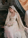 Long Sleeve Lace Vintage Flower A Line Tulle Wedding Dress