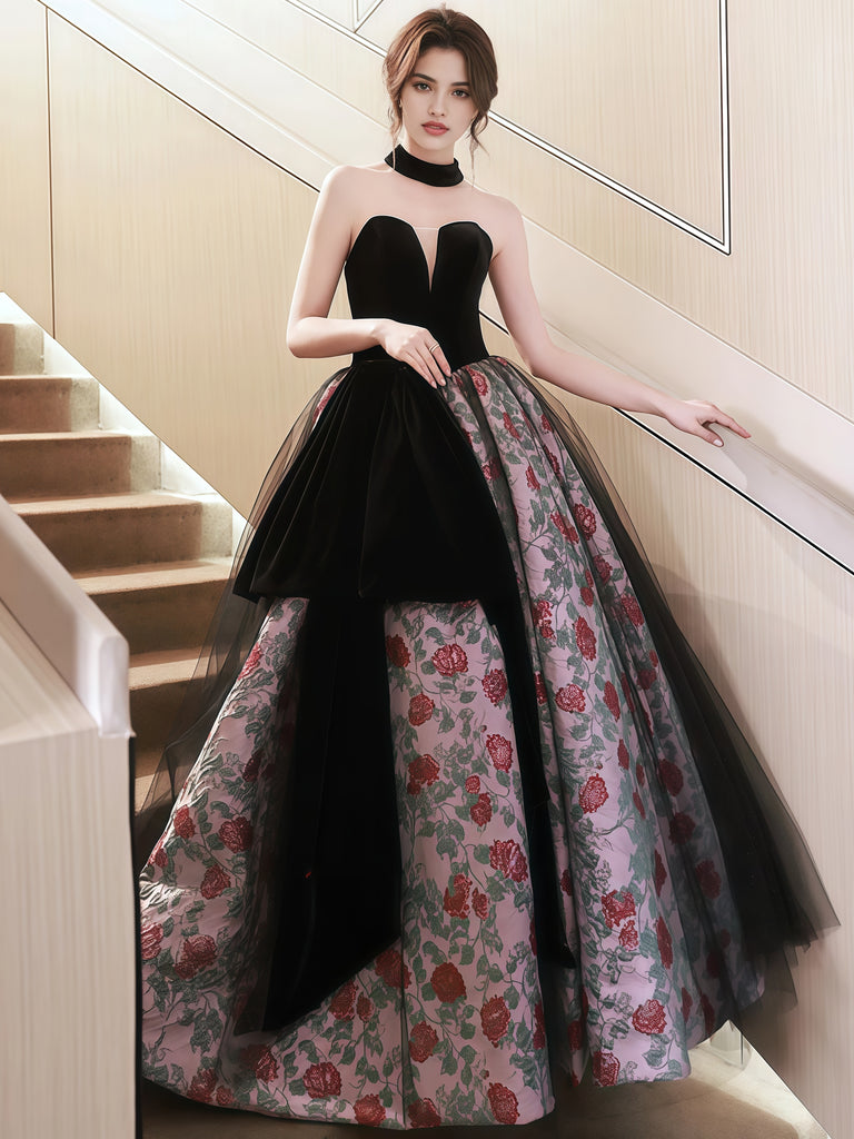 Evening Gown Black And Red Rose Prom Dress Tulle Ball Gown Ruffles Rose Print Prom Dress Evening Gown Black And Red Rose Prom Dress Tulle Ball Gown Ruffles Rose Print Prom Dress