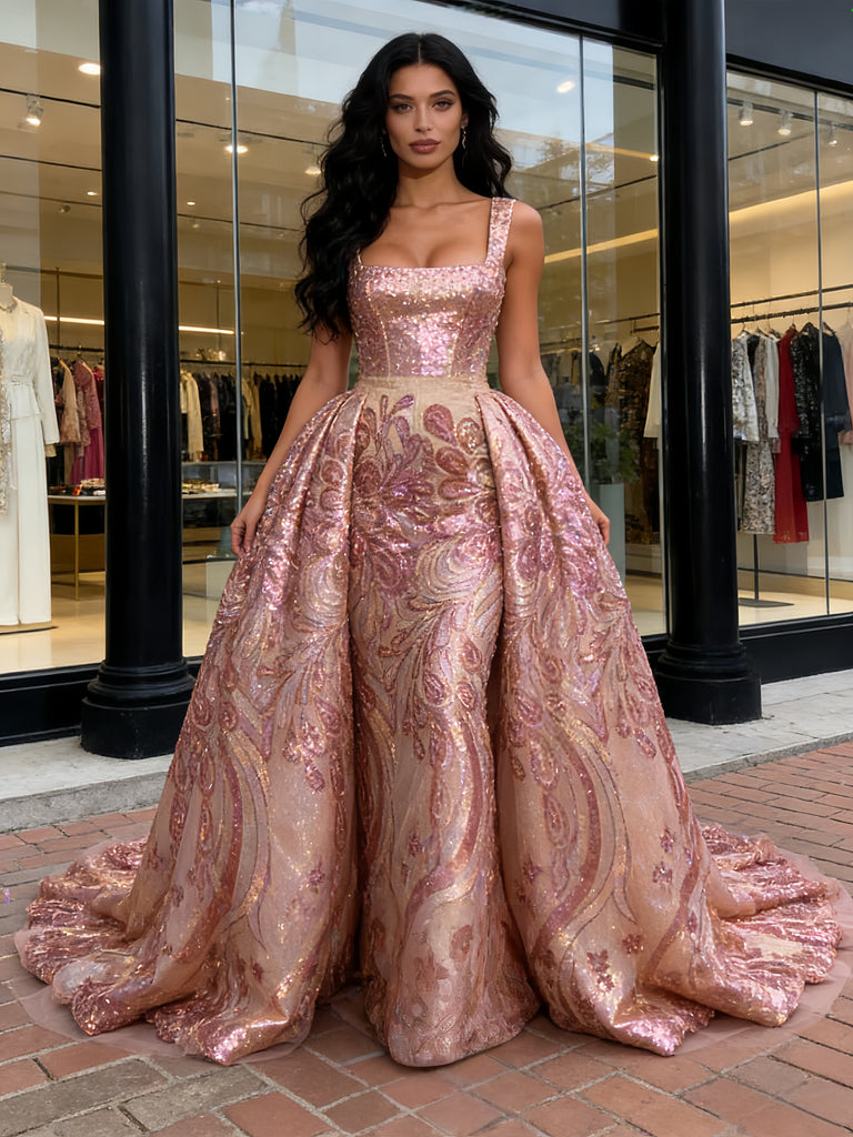 Floral Sheath Column Pink Sequin Detachable Train Prom Dress Floral Sheath Column Pink Sequin Detachable Train Prom Dress