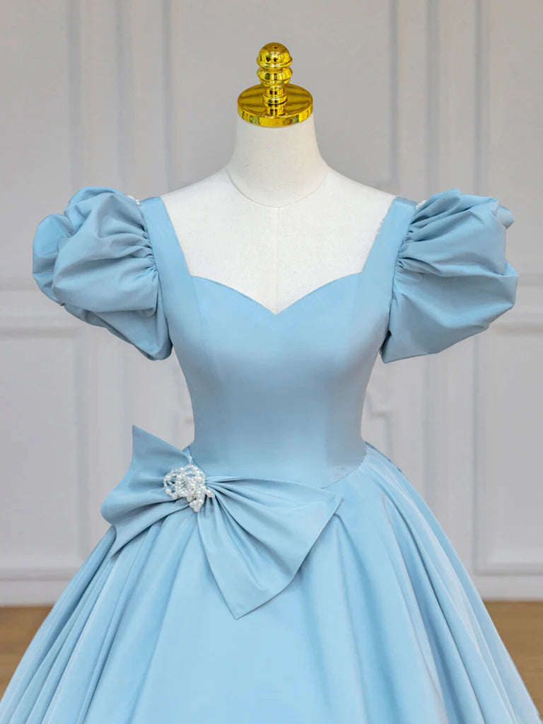 2024 Satin Light Blue Cinderella Prom Dress With Bow US6 / Blue