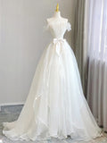 Organza A Line White Wedding Dress with Bow