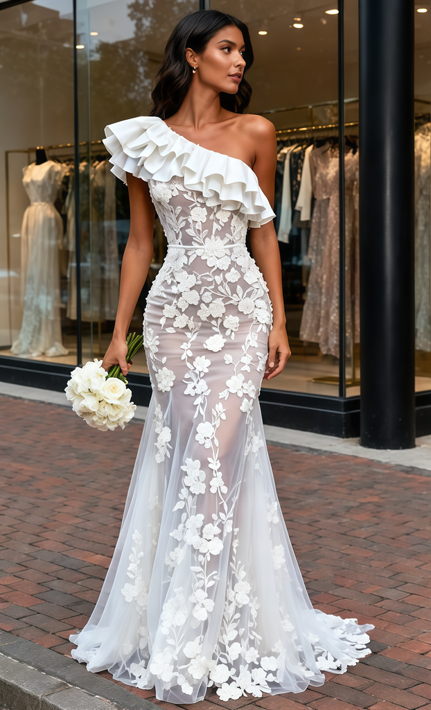 one shoulder trumpet wedding dress Beaded Sequin One Shoulder Trumpet Wedding Dress