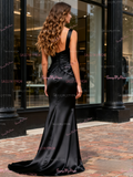 Straps Ruched Satin Black Trumpet Mermaid Bridesmaid Dress