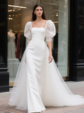 Square Trumpet Mermaid Satin Puffy Sleeve Wedding Dress