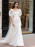 Square Trumpet Mermaid Satin Puffy Sleeve Wedding Dress
