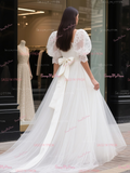 Square Trumpet Mermaid Satin Puffy Sleeve Wedding Dress