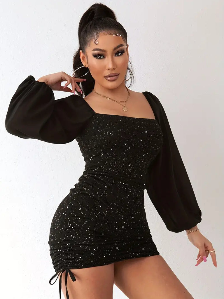 2023 Black Square Neck Side Drawstring Ruched Bodycon Dress L / Green 2023 Black Square Neck Side Drawstring Ruched Bodycon Dress L / Green