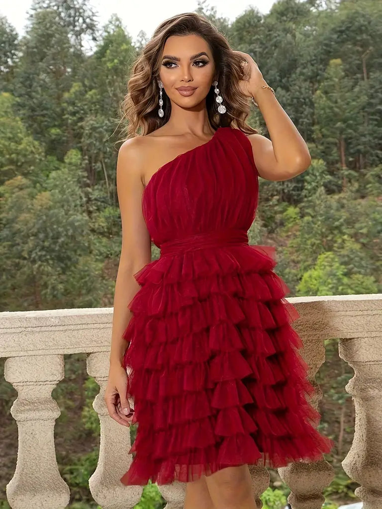 2023 Shirred Waist Layered Hem Mesh Ruffles Party Dress Sassymyprom