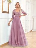 Burgundy Chiffon Half Sleeve Waist Sequin Long Dres