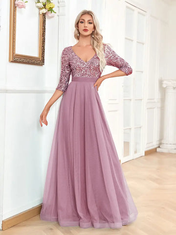 Burgundy Chiffon Half Sleeve Waist Sequin Long Dres