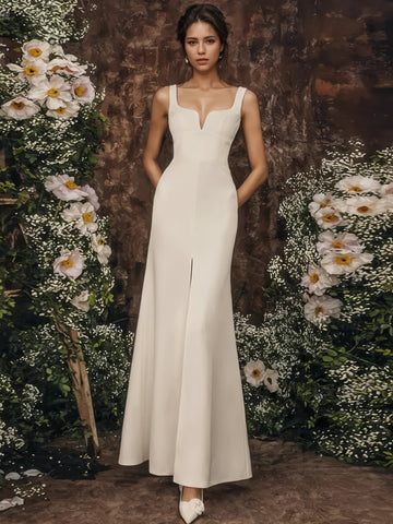 Strapless A Line Straps Satin Wedding Dress With Slit