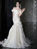 Off The Shoulder Satin Tulle Trumpet Mermaid Appliques Wedding Dress