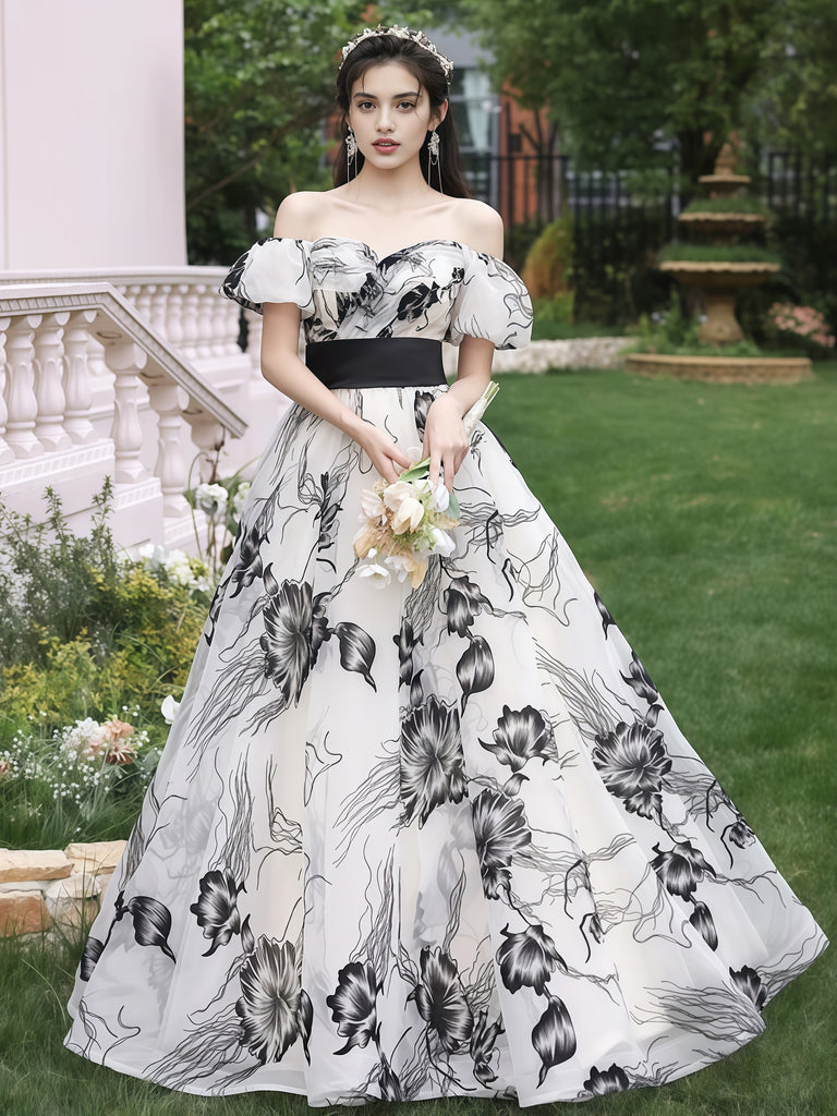 Off The Shoulder Tulle Black Flower Print Prom Dress Off The Shoulder Tulle Black Flower Print Prom Dress