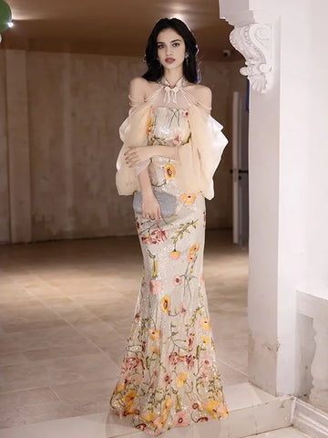 Trumpet Mermaid High Neck Floral Tulle Prom Dress