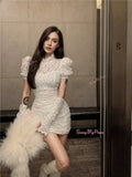 Puff Sleeves High-Neck Lace Dress