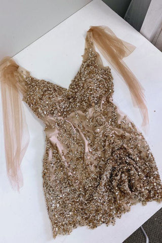 Long Sleeve V neck Sequin Bling Homecoming Dress