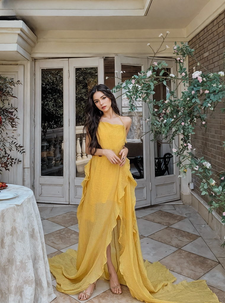 strapless ruffle asymmetrical maxi dress in yellow Yellow Strapless Ruffled Layers Maxi Dress – Sassymyprom
