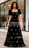 Square Neck Butterfly Black Short Sleeve Velvet A Line Prom Dress