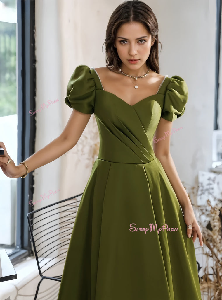 sassy formal dresses Green Puffy Sleeve Sweetheart Satin A Line Prom Dress – Sassymyprom gold beading dress