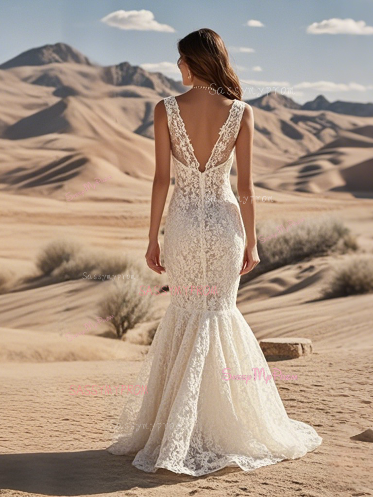 Trumpet/Mermaid V-Neck Long Sleeves Plus Size Lace Wedding Dress with Applique