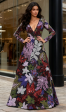 A Line V Neck Floral Sequin Long Sleeve Prom Dress
