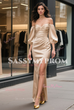 Trumpet Mermaid Sweetheart Satin Champagne Prom Dress With Slit
