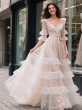 Sequin Tulle A Line Ruffles V Neck Wedding Dress With Belt