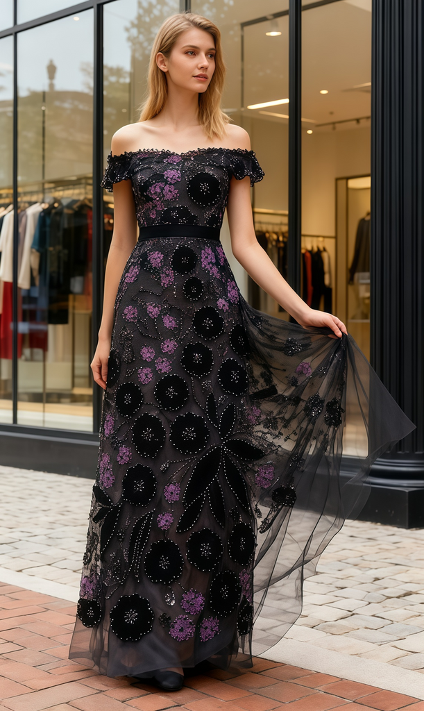 A Line Off The Shoulder Flower Purple & Black Prom Dress US8 A Line Off The Shoulder Flower Purple & Black Prom Dress US8